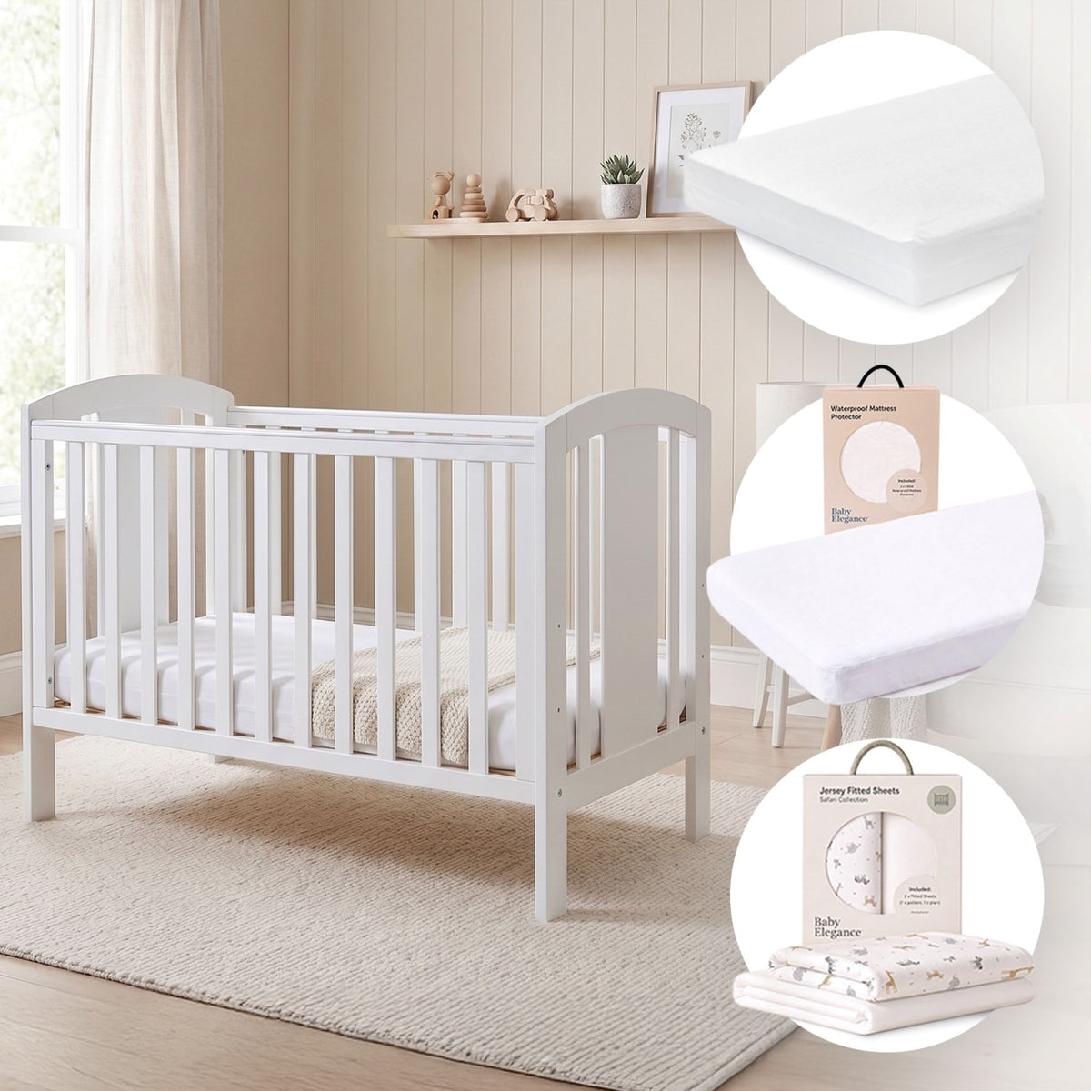 Laba-Paket: Kinderbett, Matratze, Laken und Matratzenschoner