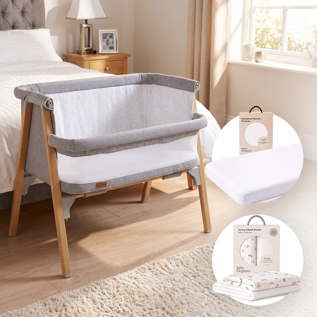Night Night Set aus Beistellbett, Bettwäsche und Matratzenschoner