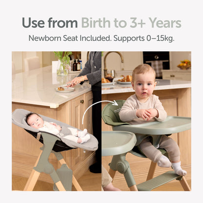 Baby seat transitioning from newborn to toddler use in a kitchen setting.